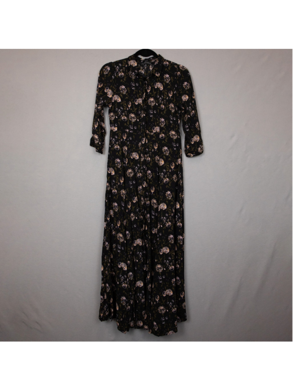 Zara black floral full button down maxi shirt dress-S